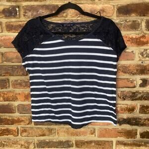 Bershka Black White Striped Lace Back Short Sleeve Blouse Women's Size Medium